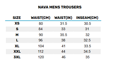 Size Chart for Mens NV2 Sailing Trousers - Black